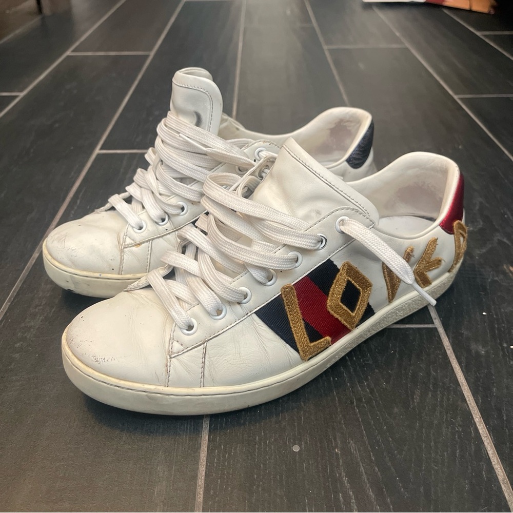 GUCCI White ACE Web LOVED Leather Low Top Sneaker Shoes Mens Size 7